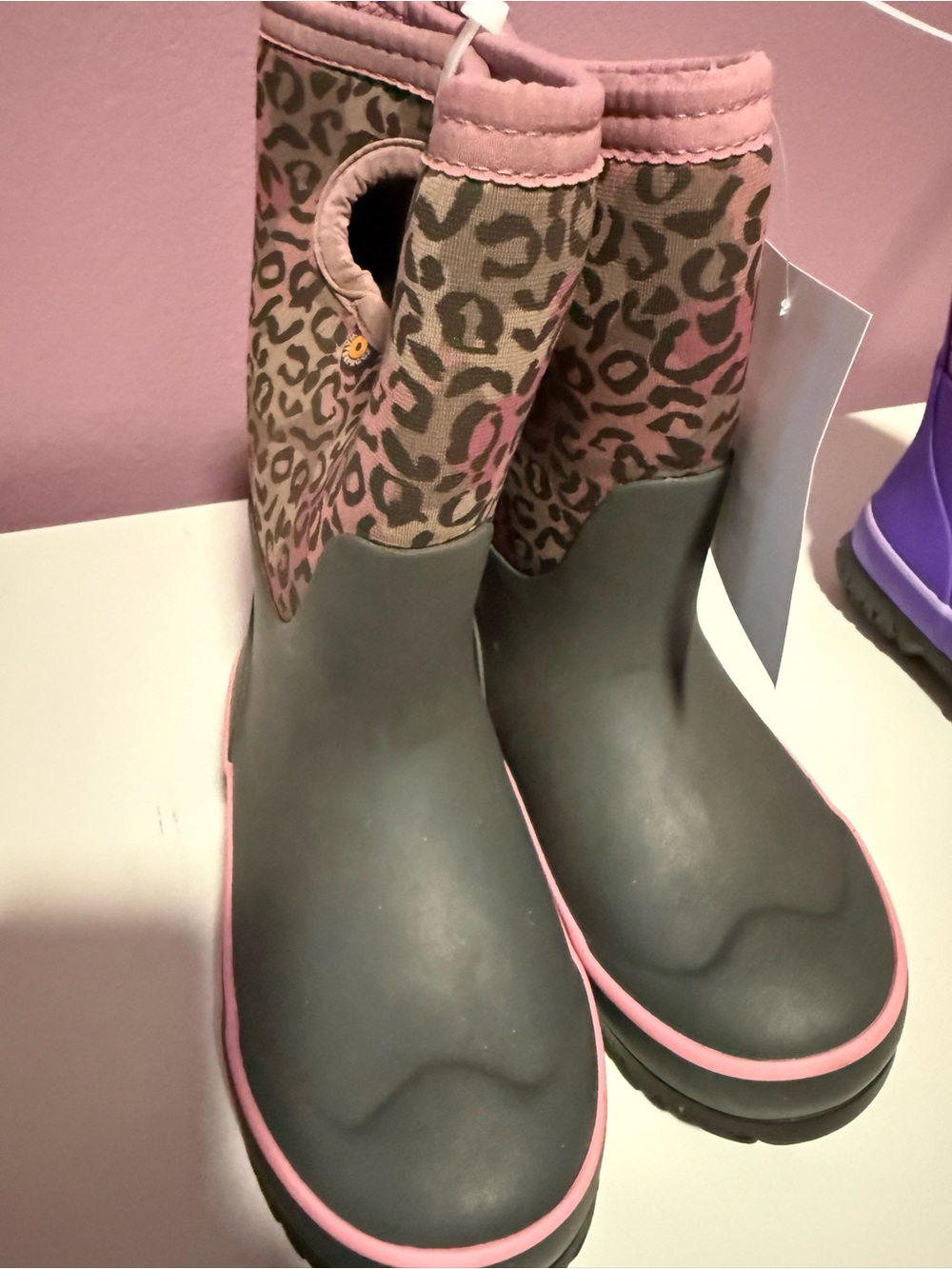 Bogs Kids Gray and Pink Leopard Rain Boots